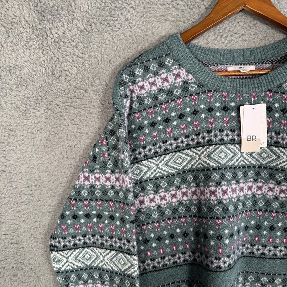 New BP. Nordstrom Fair Isle Geometric Print Crewneck Sweater Green Size Large - Picture 2 of 8